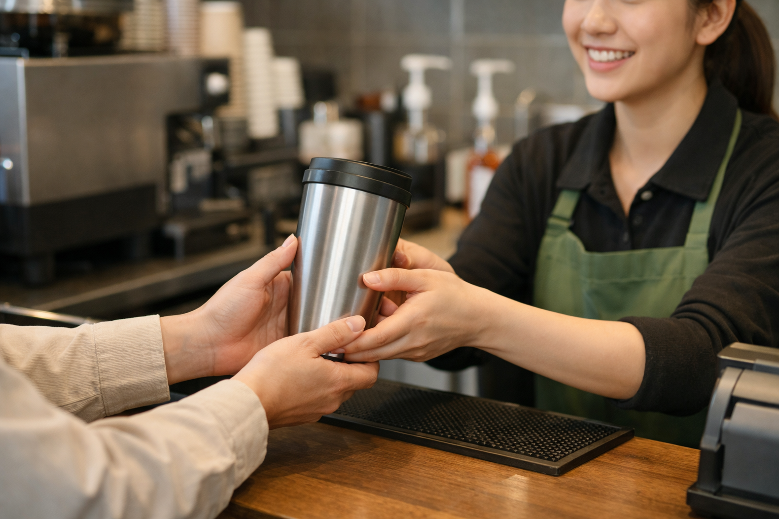 スターバックスのカウンターでタンブラーを預ける様子:清潔なタンブラーを店員に手渡すシーン