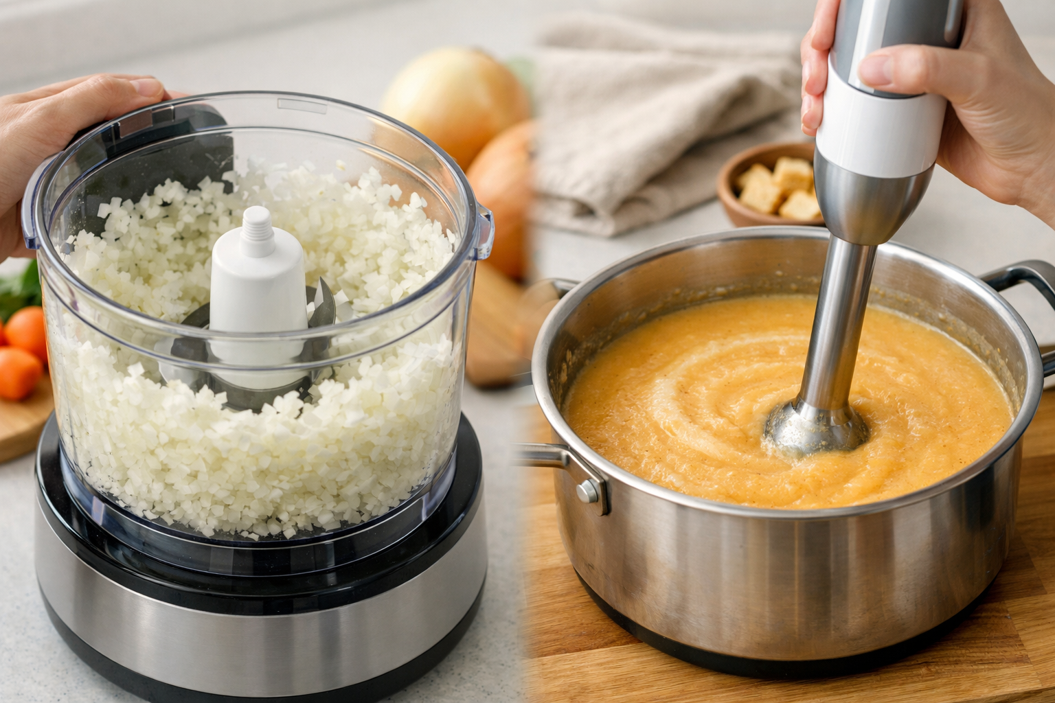 フードプロセッサーでみじん切りをしている様子とハンドブレンダーでスープを作っている様子のイメージ