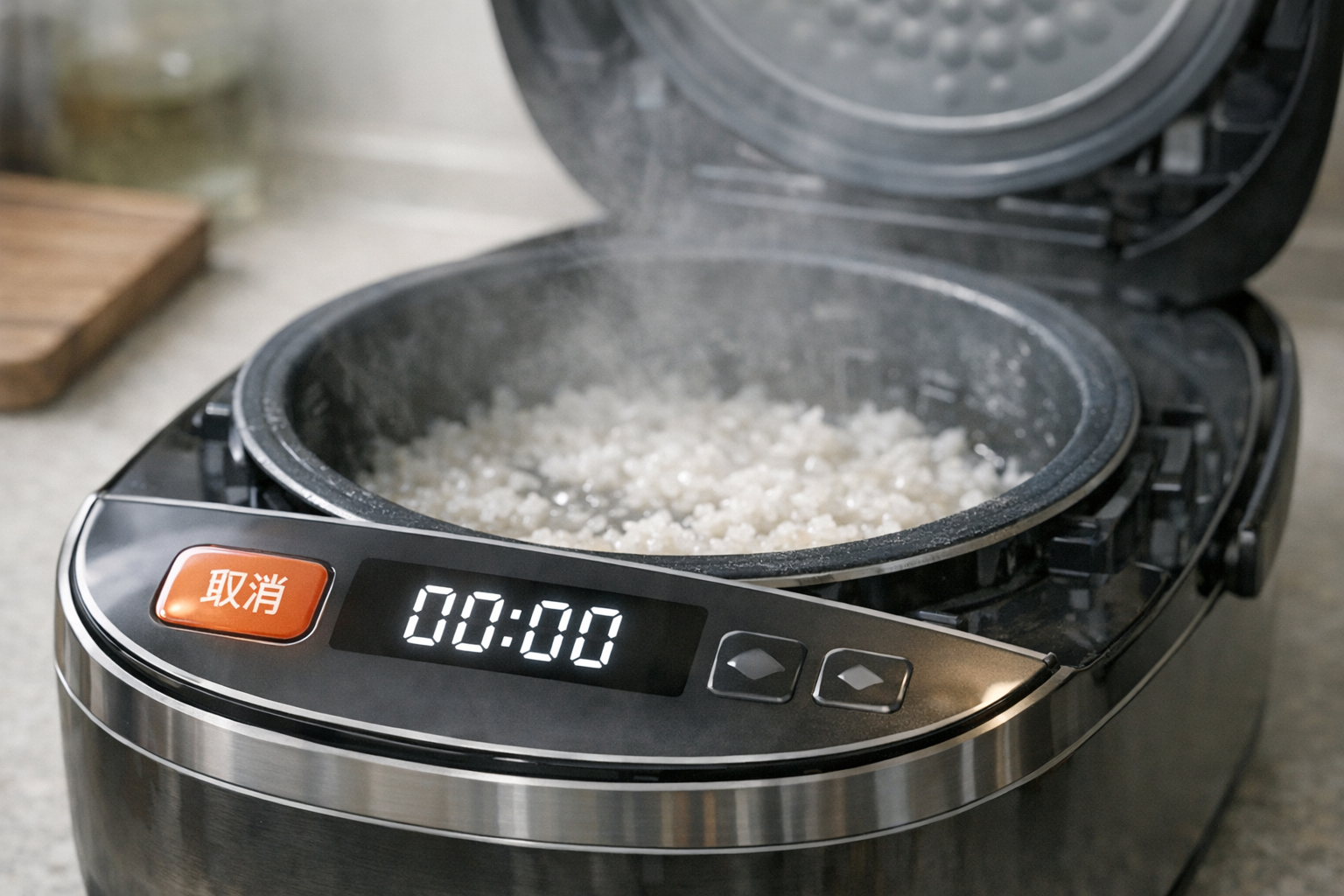 炊飯器の取り消しボタンやディスプレイ、または途中で炊飯が止まってしまった様子をイメージした画像