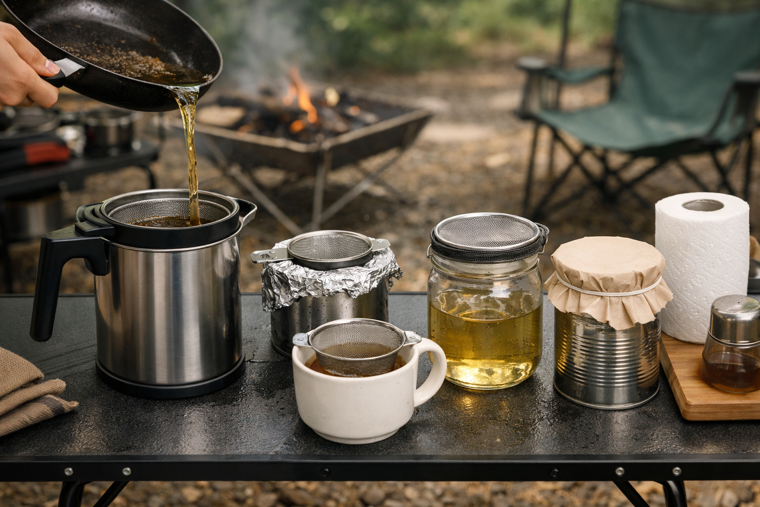 キャンプ場でオイルポットを使用している様子や、身近なアイテムを組み合わせて代用しているアイデア写真。