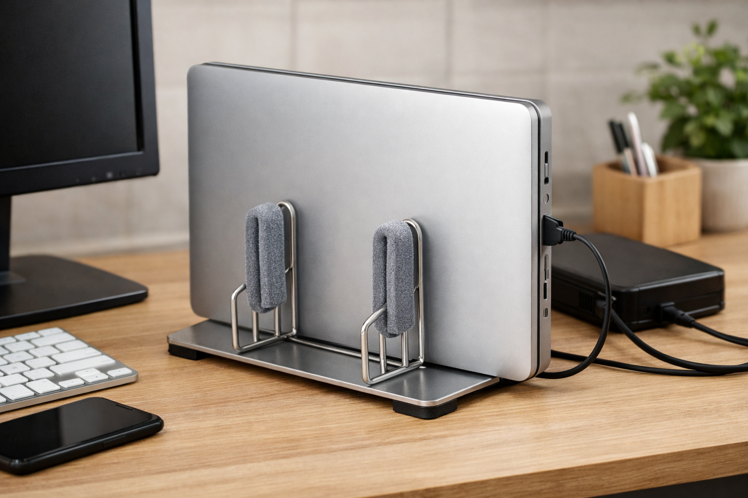 100均のまな板スタンドの金属部分に隙間テープなどのクッション材を巻き付け、クラムシェルモードのノートパソコンを傷つけないよう安全に縦置きしているデスク周りの風景