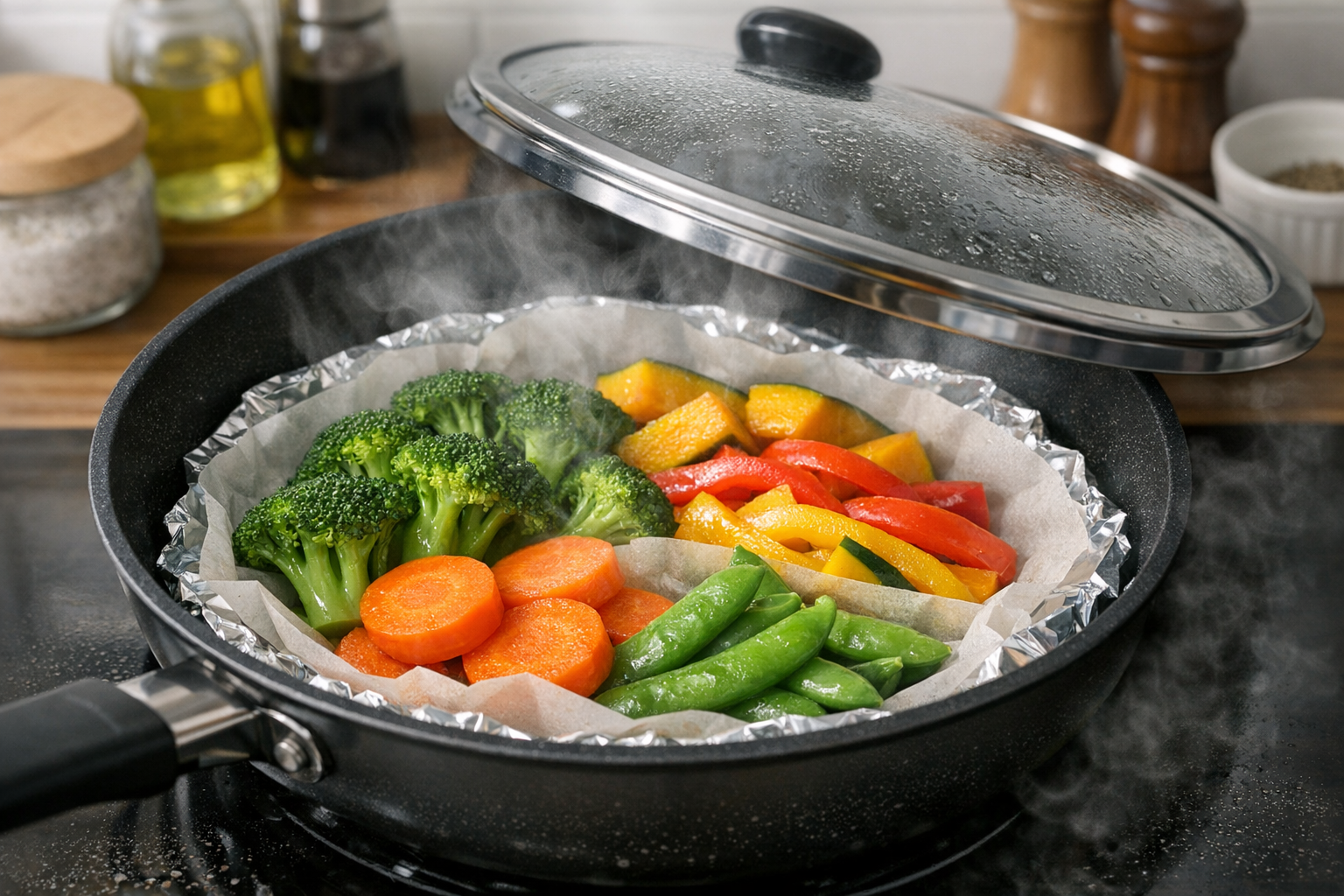 フライパンで色鮮やかな温野菜を蒸している様子