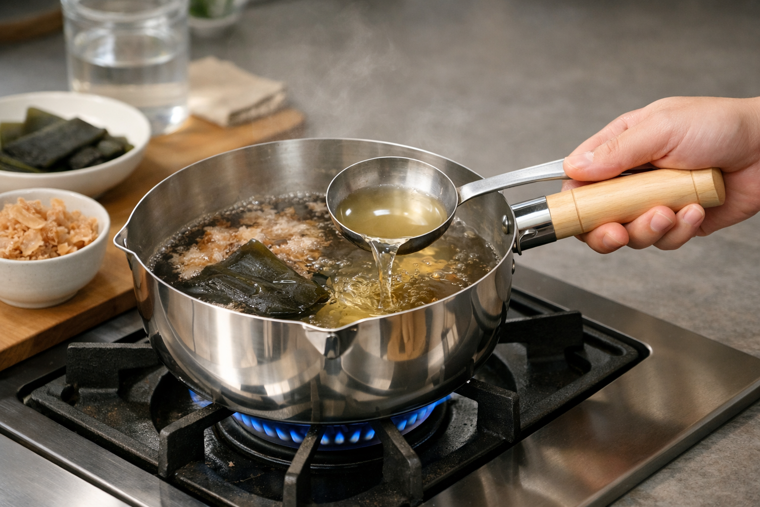 ピカピカに磨かれたステンレス製の雪平鍋で出汁をとっている調理風景