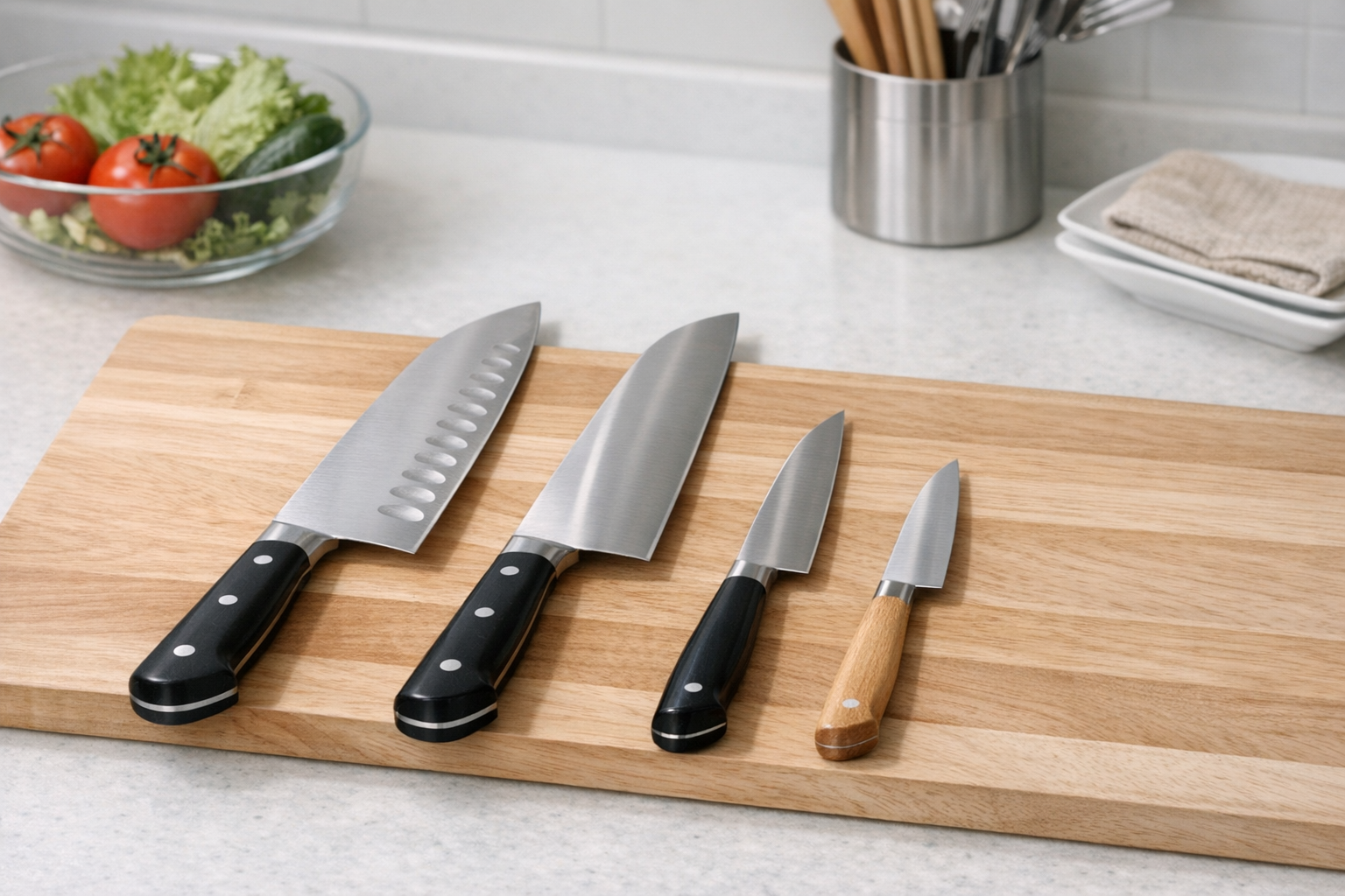 清潔なキッチンに整然と並べられた三徳包丁、牛刀、ペティナイフなどの様々な種類の包丁