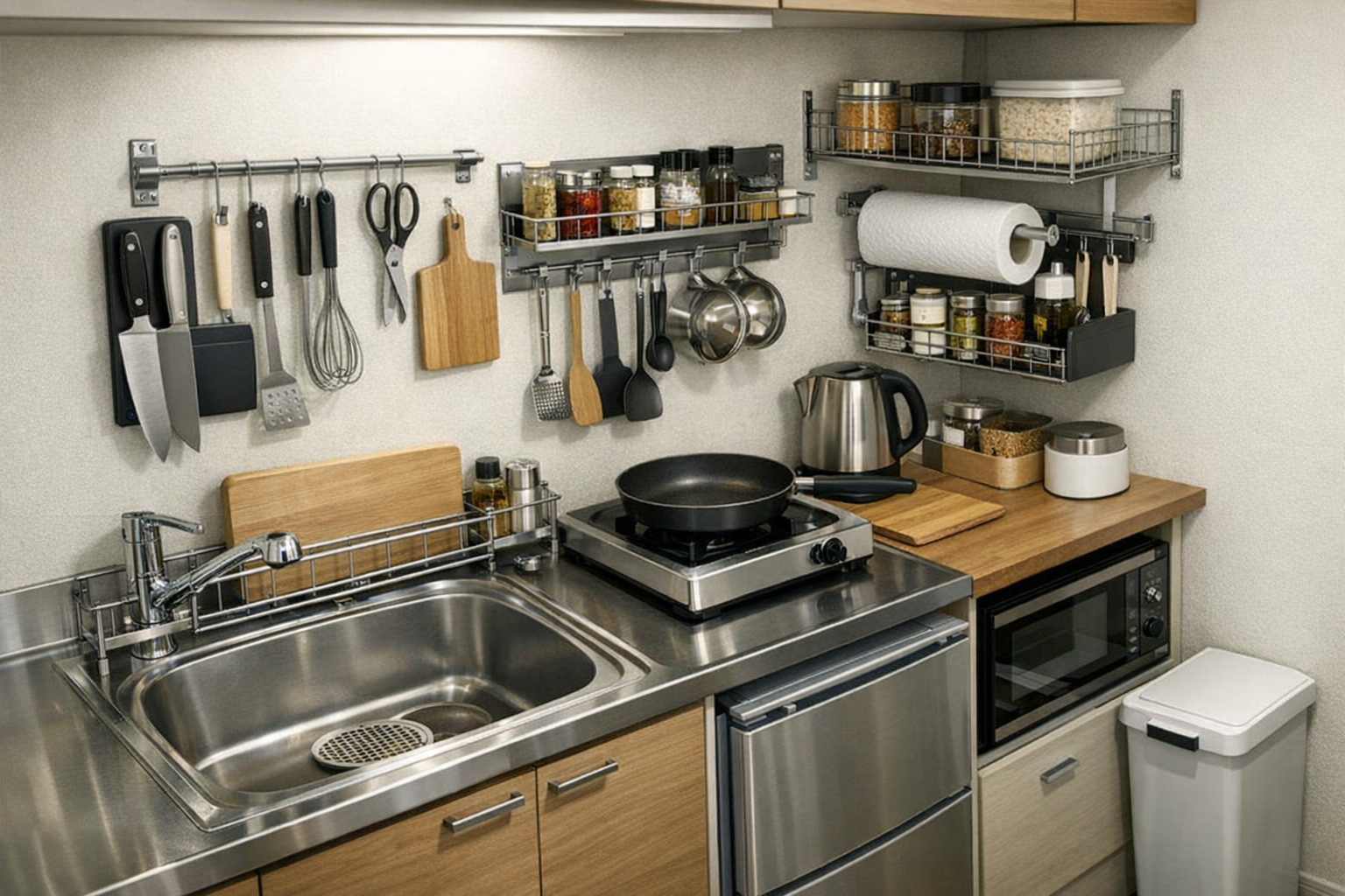 整理整頓され、すべての道具に手が届くコンパクトで機能的な一人暮らしのキッチン