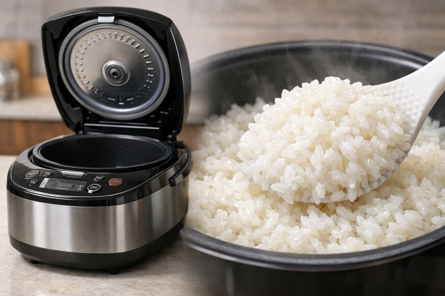 綺麗に手入れされた炊飯器と、つやつやの炊きたてご飯のクローズアップ