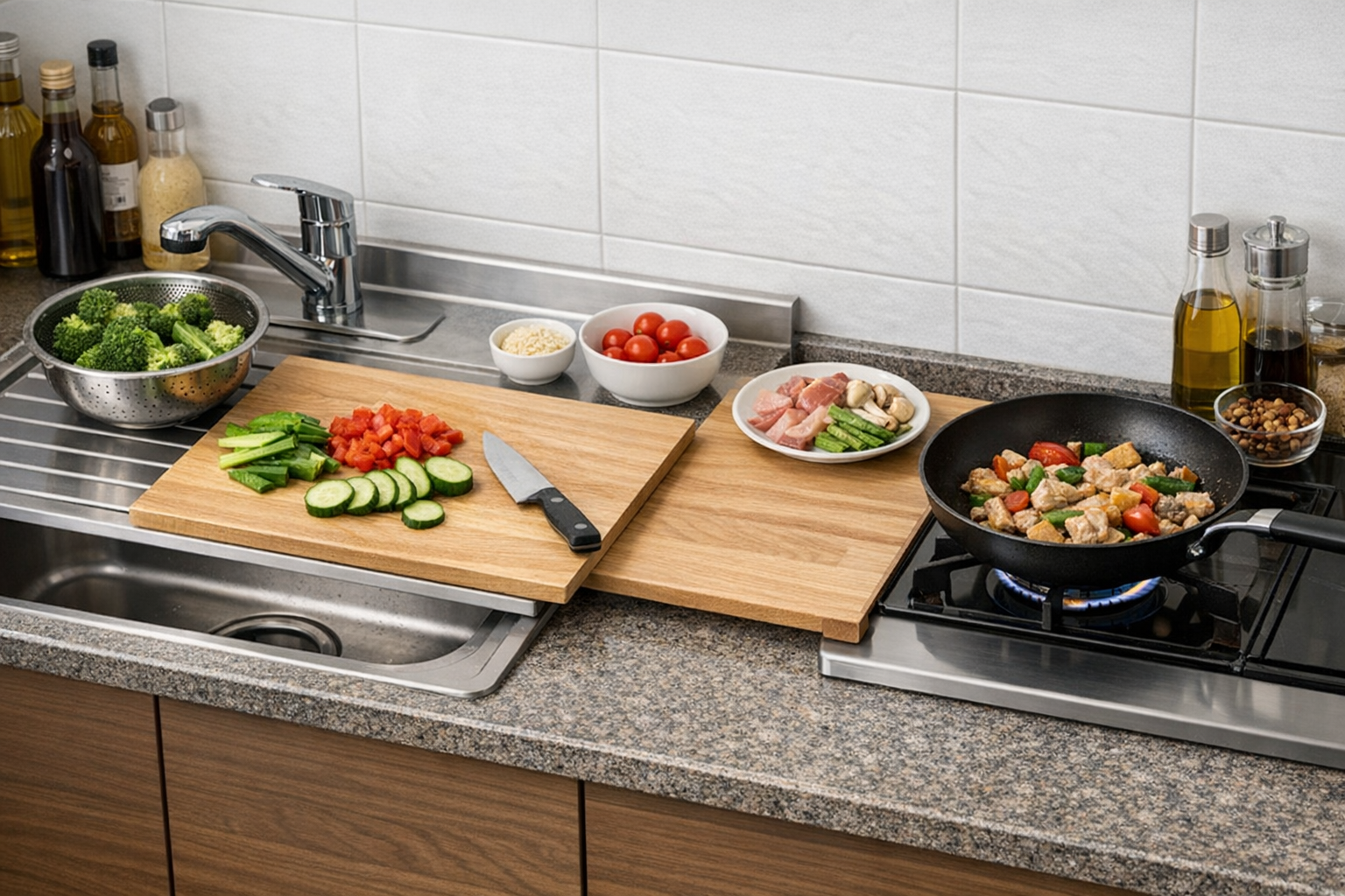 シンク上や隙間を活用して作業スペースを2倍に広げるアイデア