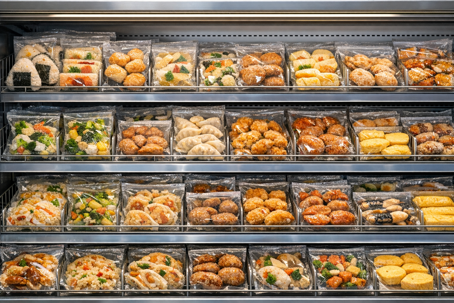 多種多様な自然解凍対応の冷凍食品が並ぶスーパーの棚