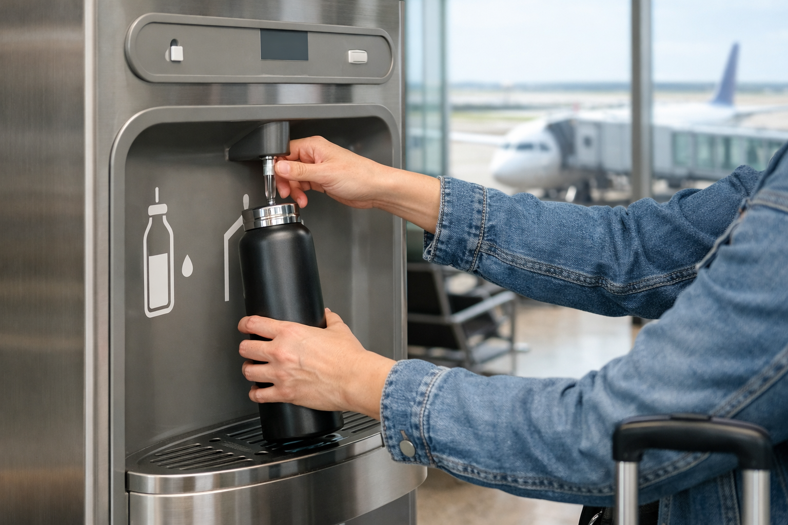 空港の制限エリア内にある無料の給水機で、マイボトルに水を補充している様子