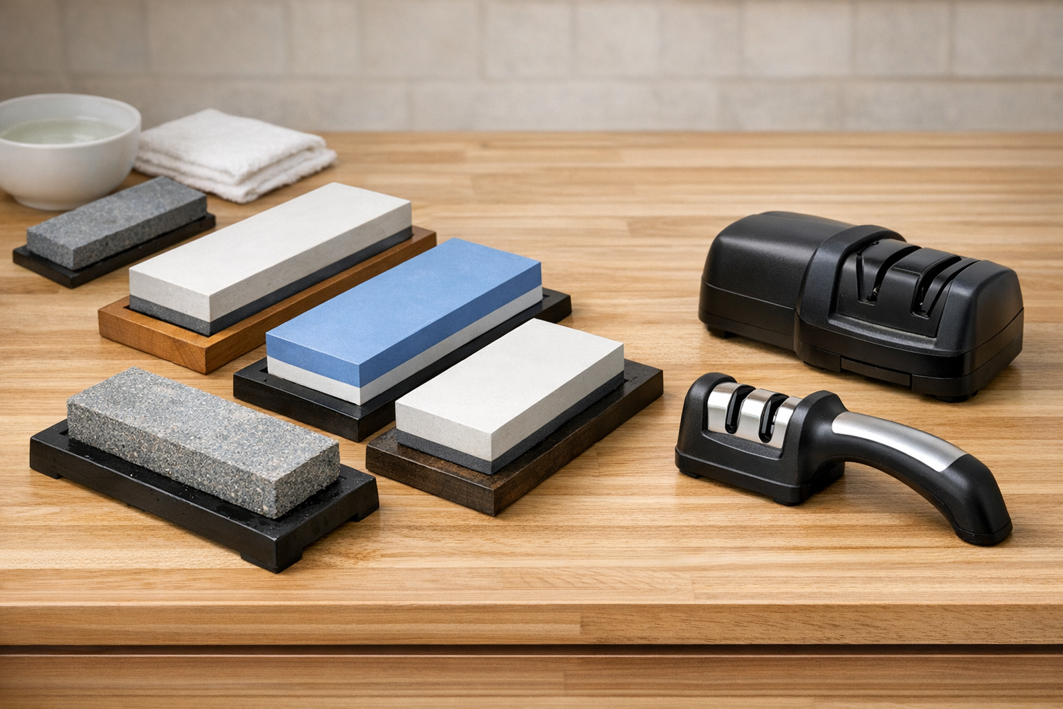 シャープナーや様々な種類の砥石が並べられ、包丁のお手入れ道具を比較している様子