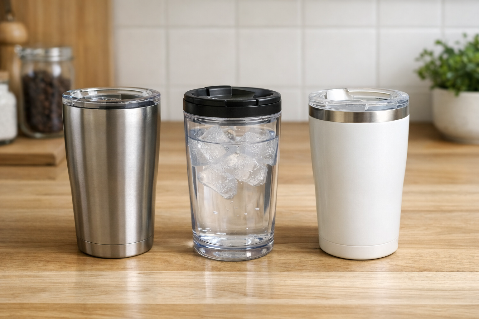 ステンレス、プラスチック（トライタン）、セラミックコーティングなど、異なる材質のタンブラーの質感の違い