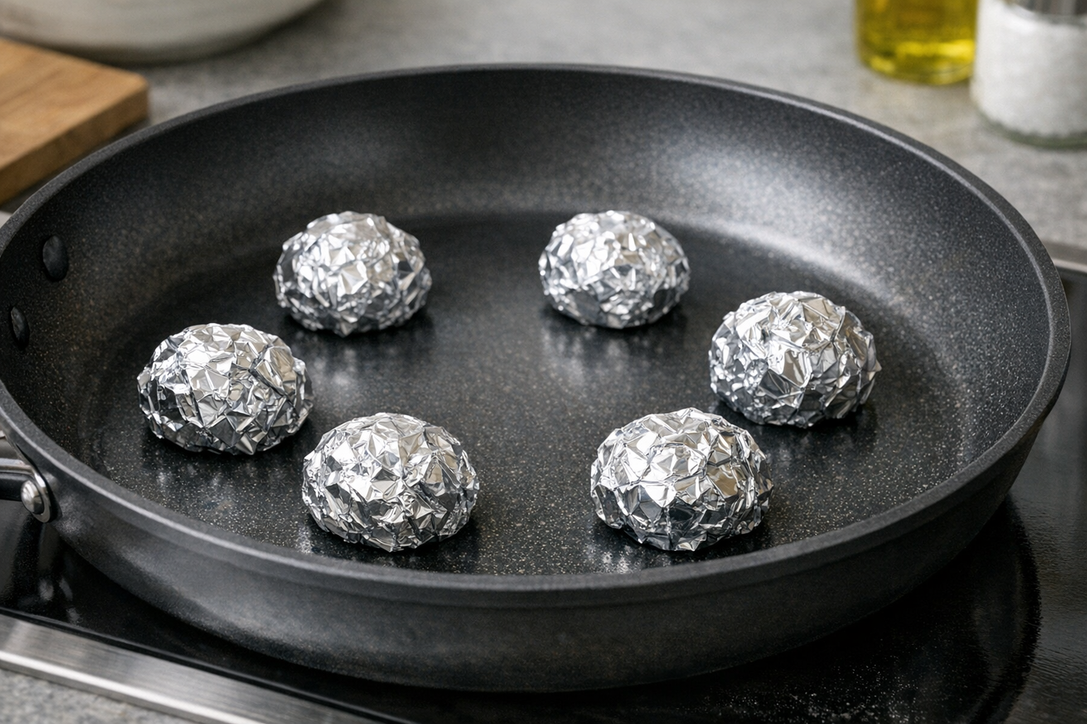 丸めたアルミホイルをフライパンの底にいくつか配置している様子