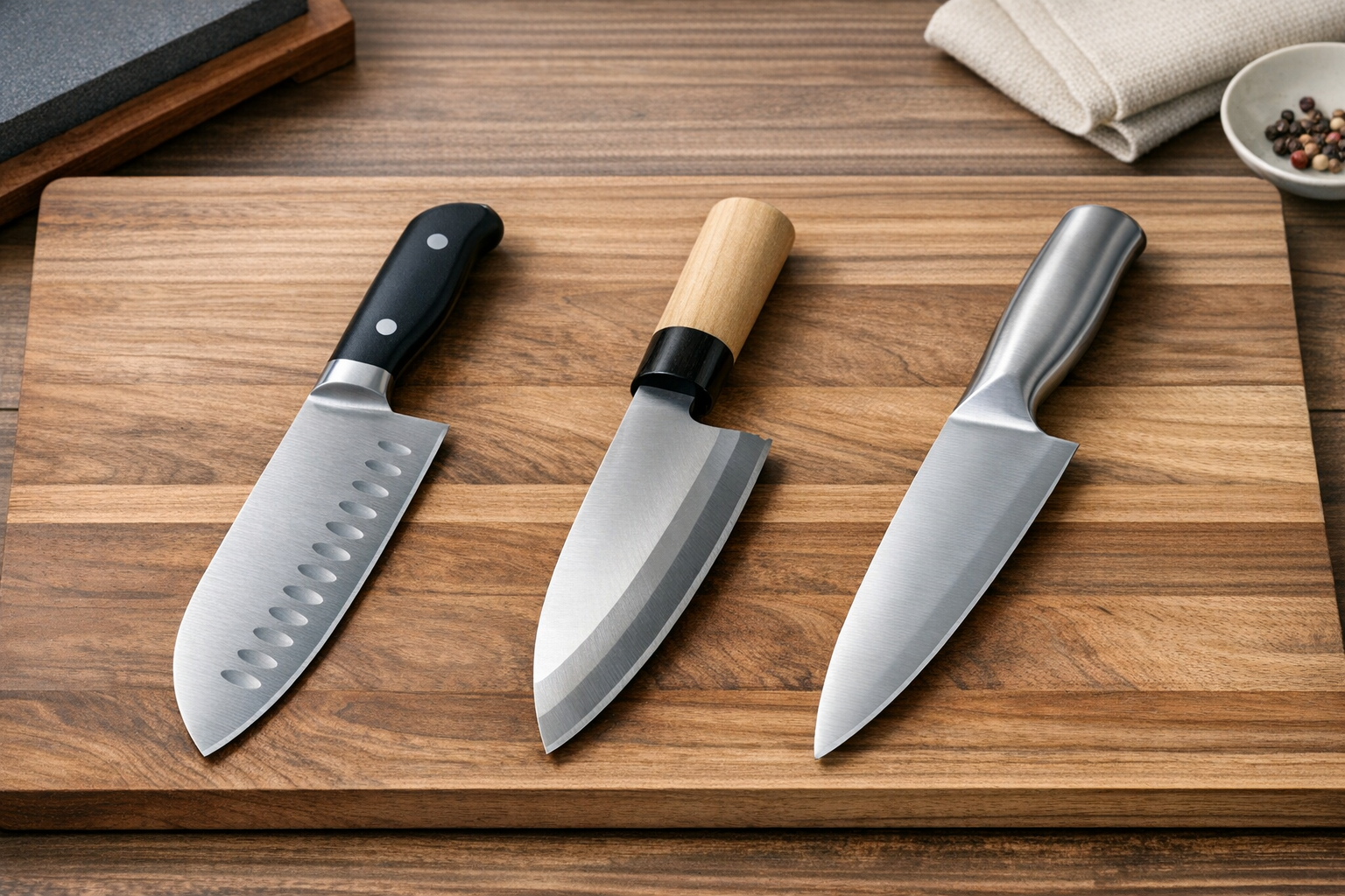 三徳包丁、出刃包丁、オールステンレス包丁など、形状の異なる包丁が並べられた様子