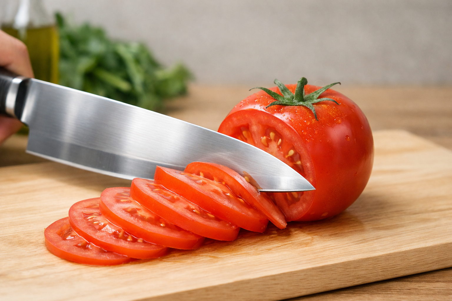 きれいに研ぎ上がった包丁でトマトが薄くスライスされている様子