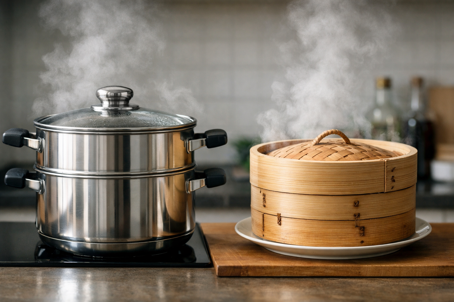 ステンレスの蒸し器と木製のせいろからそれぞれ湯気が上がっている様子