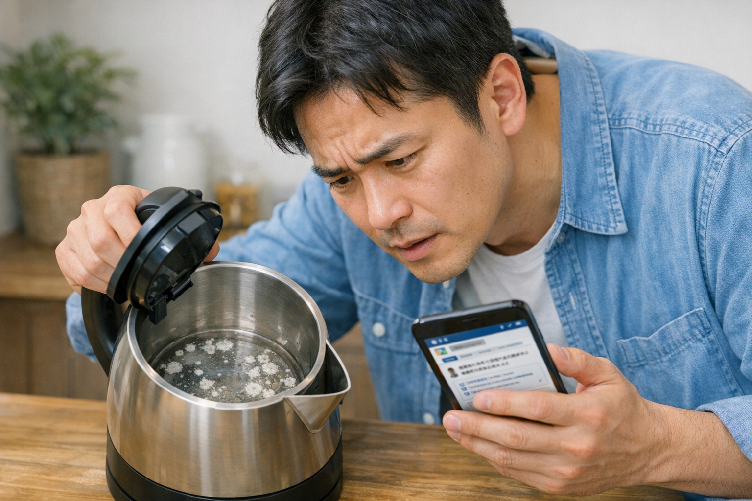 インターネットのQ&Aサイトを見ながら電気ケトルの中身を覗き込んで戸惑う人の様子