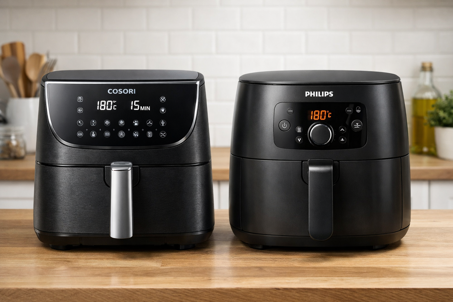 メーカーの異なるノンフライヤー（COSORIとフィリップス）の操作パネルやデザインを比較するイメージ