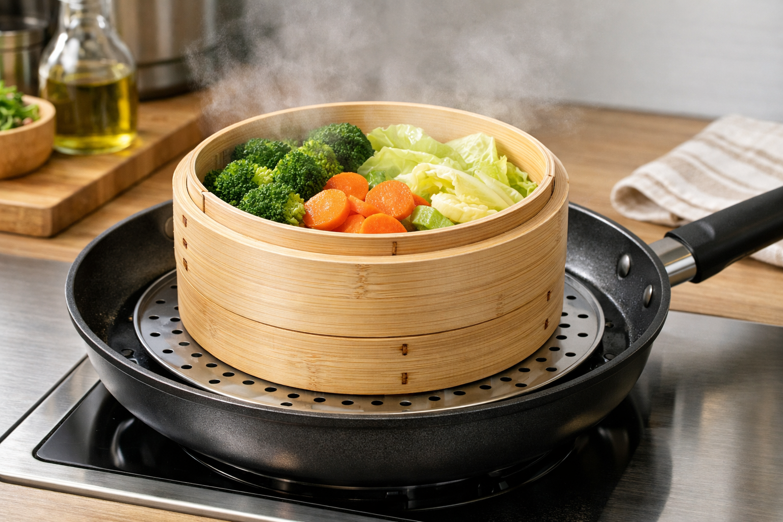 フライパンの上に蒸し板を敷き、その上でせいろを使って野菜を蒸している調理の様子