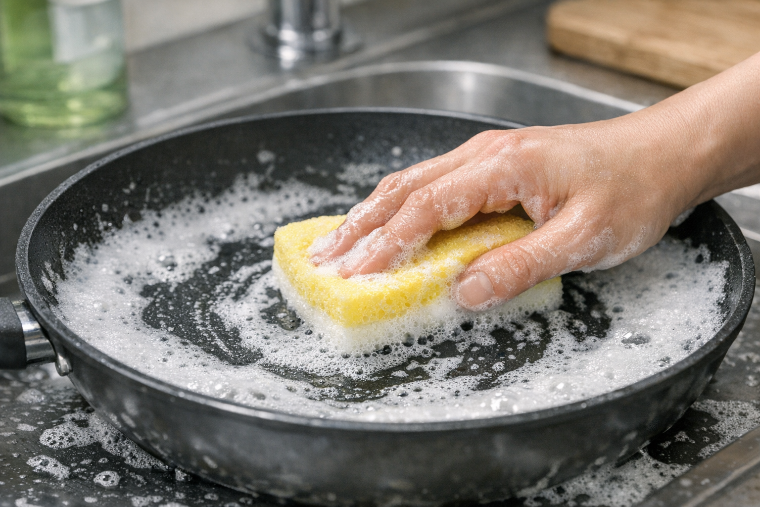 泡立った中性洗剤と柔らかいスポンジを使ってフライパンを優しく洗っている手元のアップ