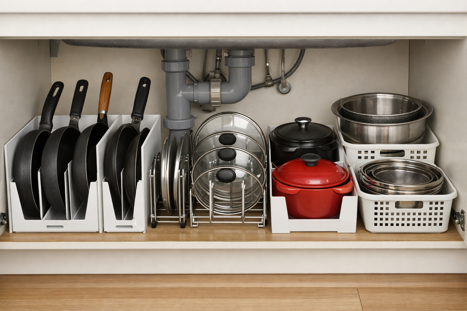 100均で解決！フライパン収納アイデアとコンロ下・シンク下の整理術のイメージ