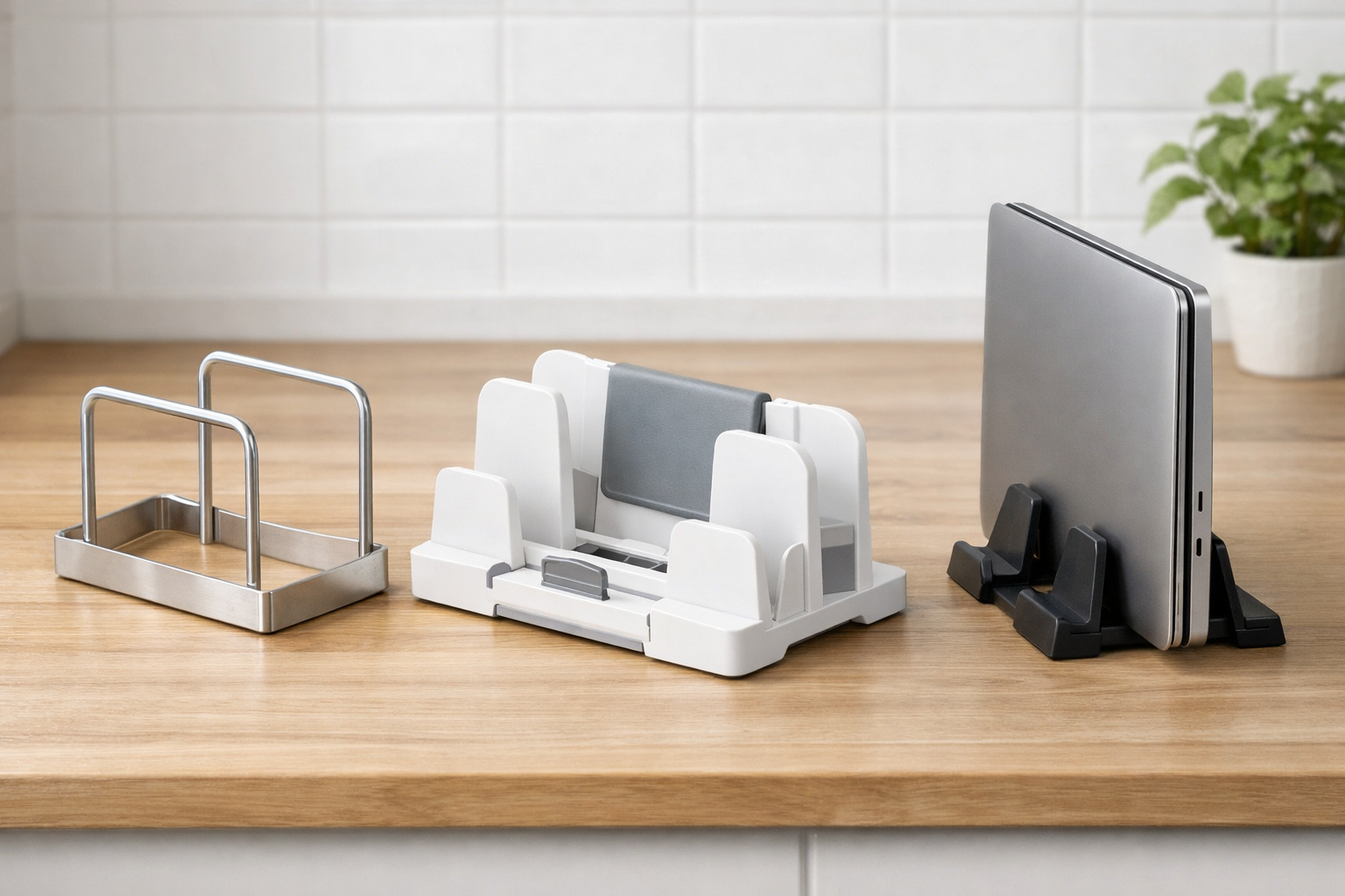 無印良品のステンレス製スタンド、ニトリの多機能スタンド、ノートパソコンを立てた100均スタンドが並び、それぞれのブランドや用途の違いを表しているイメージ