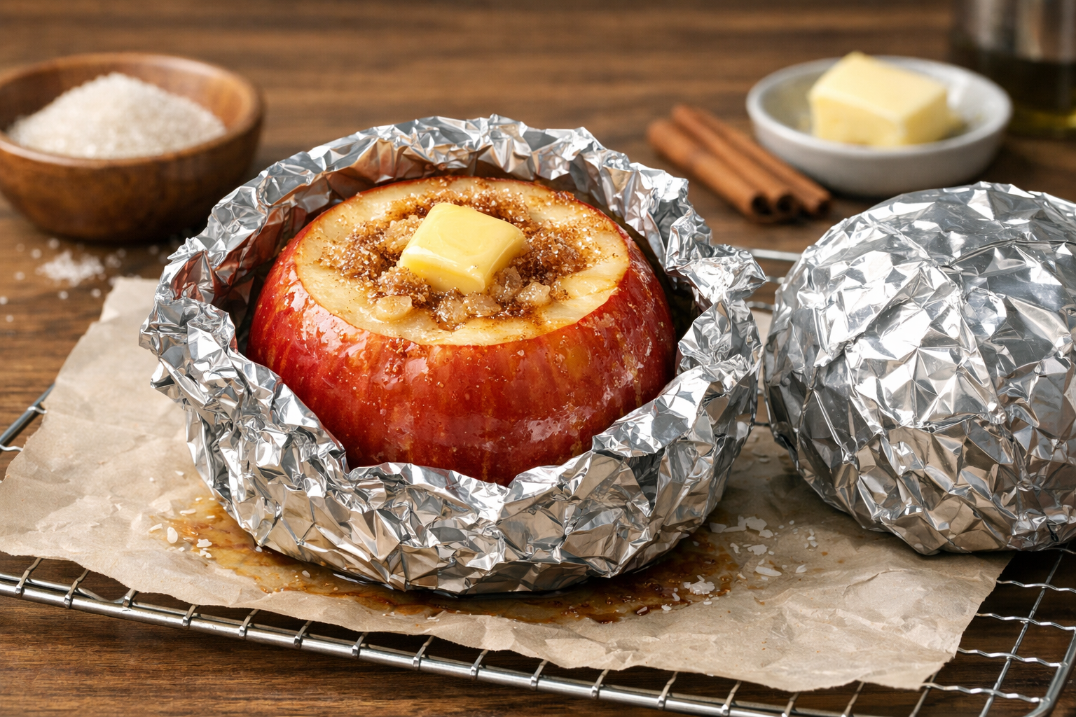芯をくり抜いたりんごにバターと砂糖を詰め、アルミホイルで包んで焼いたデザート