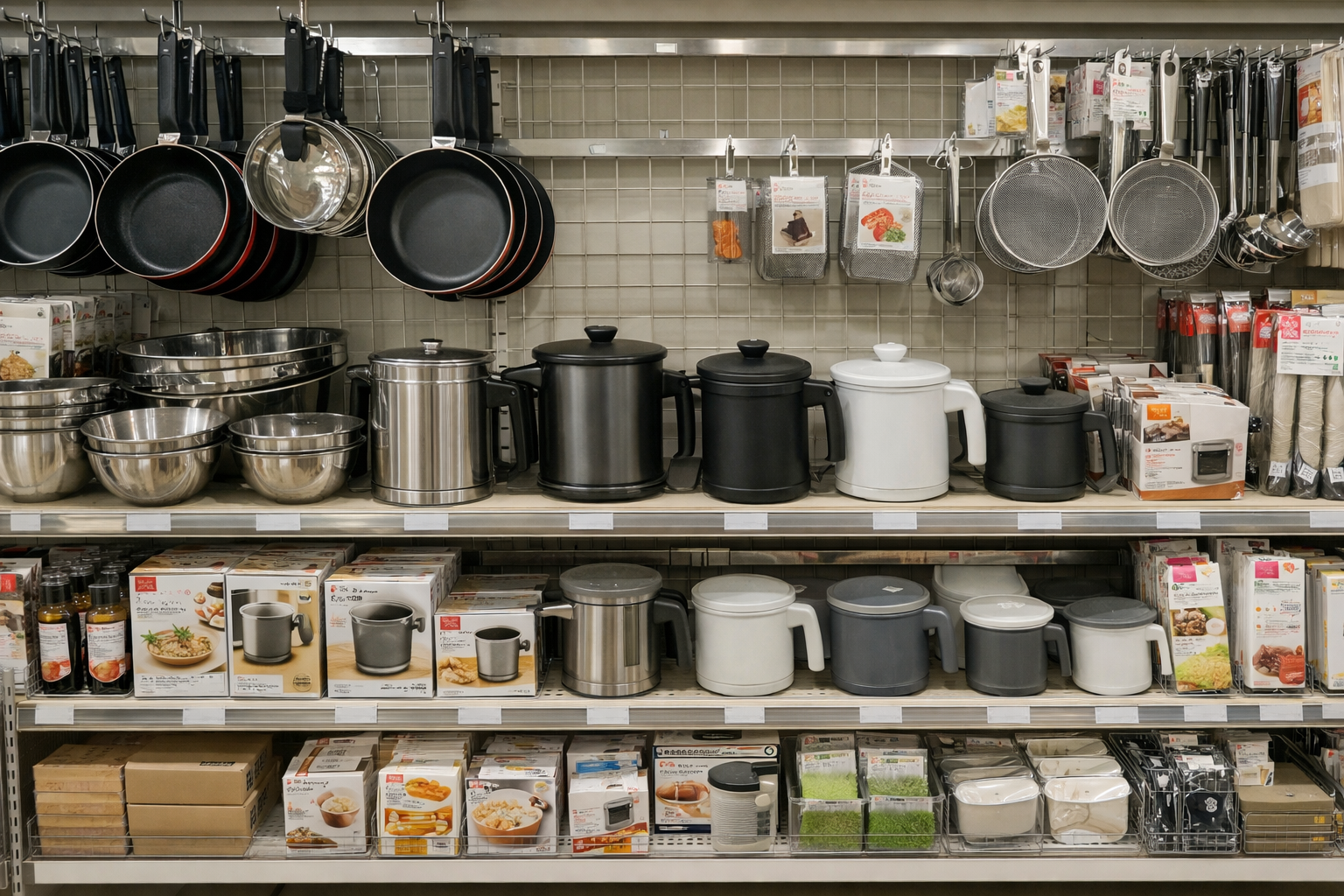 ダイソーのキッチン用品売り場の風景。フライパンやボウルなどと一緒に陳列されている様子。