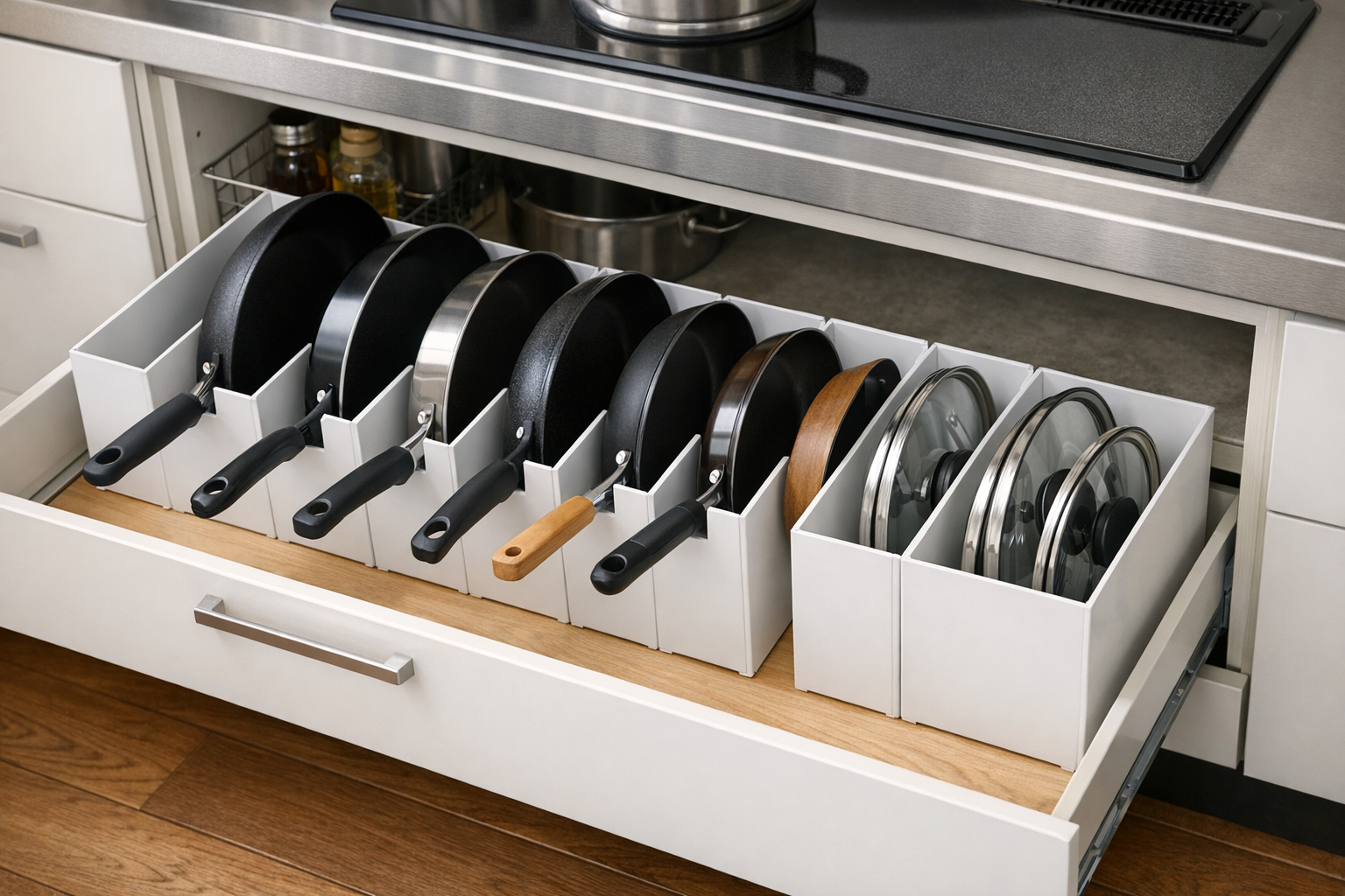 100均で解決！フライパン収納アイデアとコンロ下・シンク下の整理術のイメージ