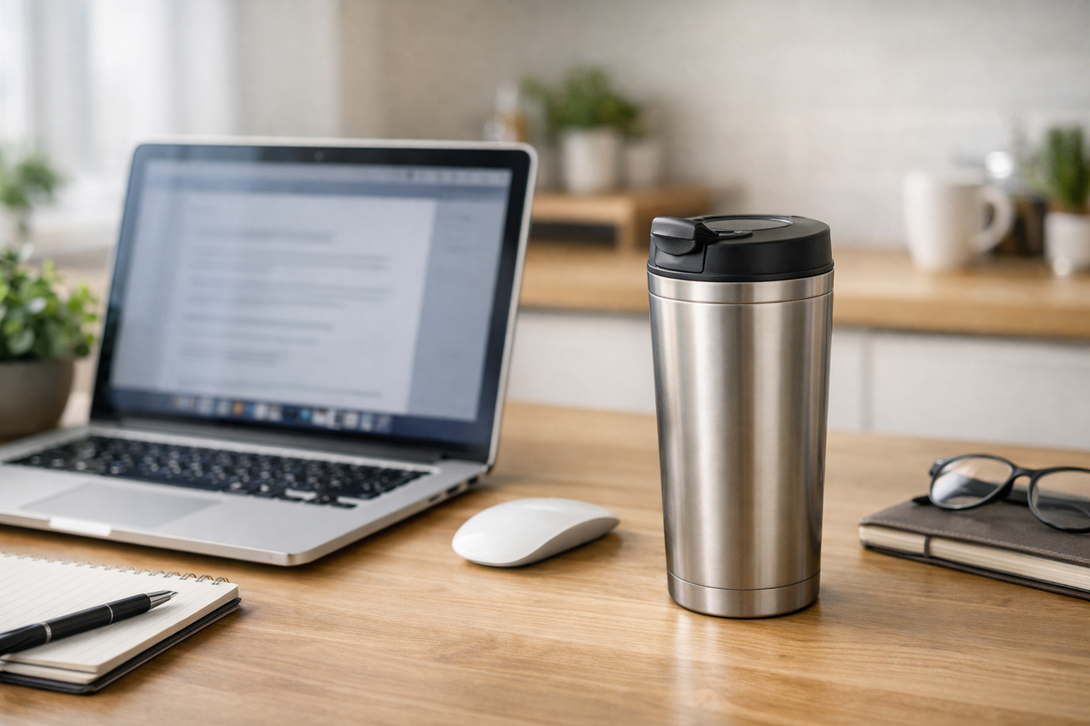 ノートパソコンを開いたデスクワークの傍らに、結露のないサーモタンブラーが置かれている快適な作業空間