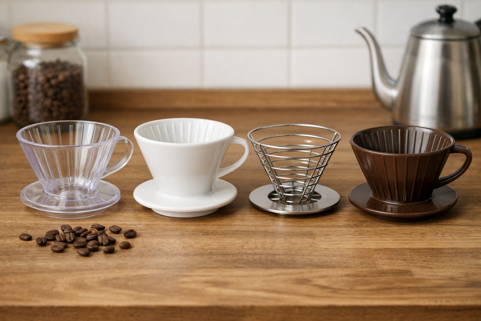 100均で販売されているプラスチック、陶器、ワイヤーなど様々な素材・形状のコーヒードリッパーを並べた比較イメージ