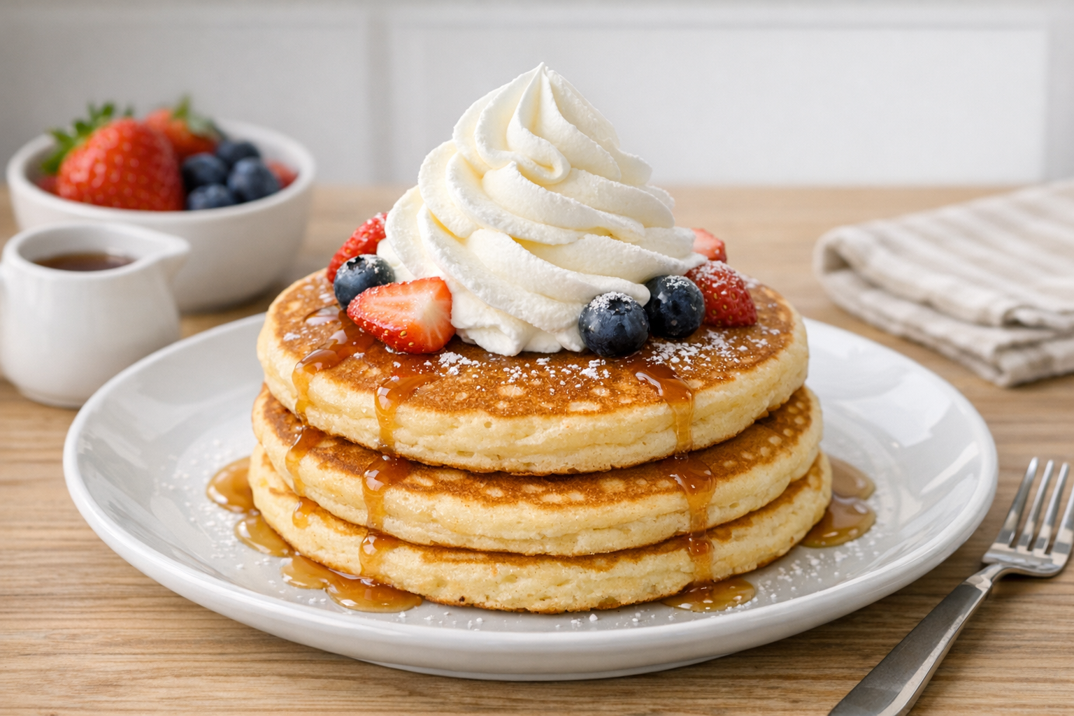 綺麗に盛り付けられたホイップクリームとパンケーキ