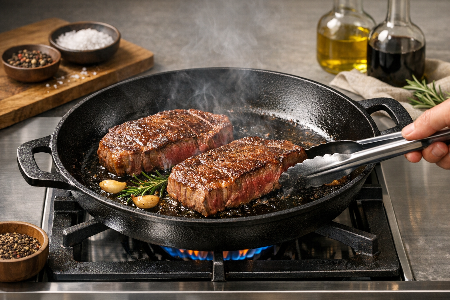 上質な肉を焼き上げる高級な鉄製フライパンと調理風景