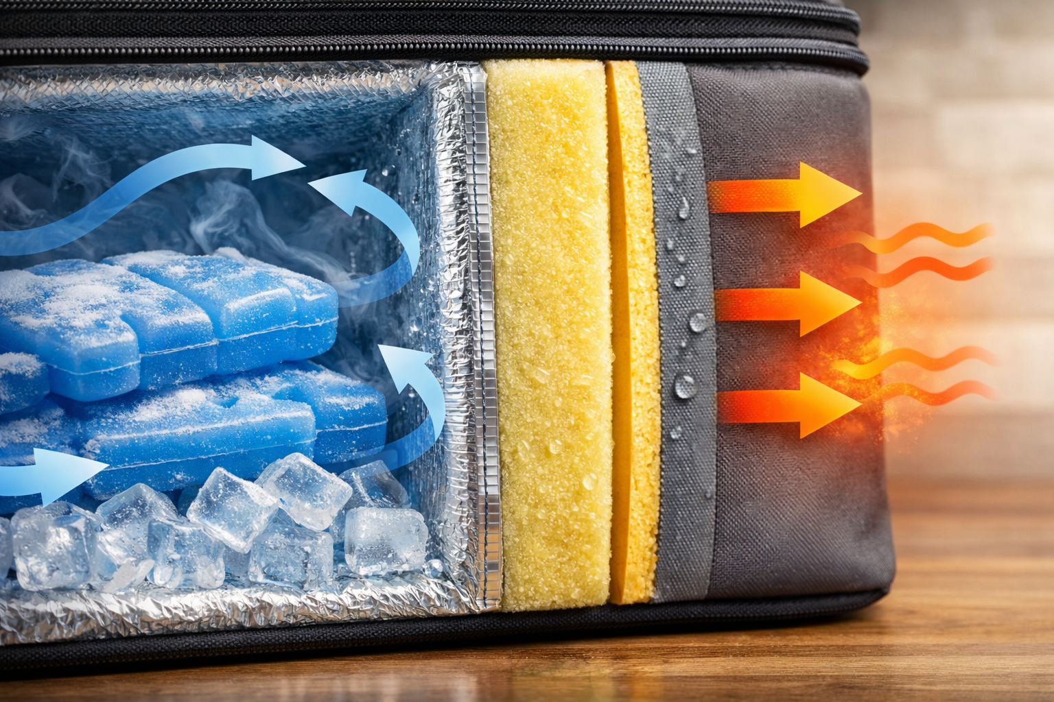 断熱材の断面図や多層構造のイメージ図：冷気を閉じ込める仕組みの視覚化