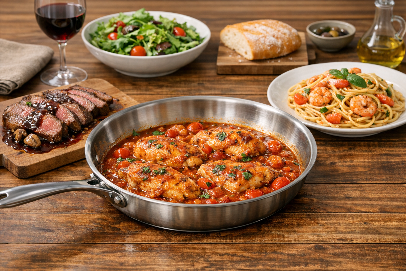 適切に手入れされた清潔なフライパンで作られた、美味しそうな料理がテーブルに並んでいるイメージ