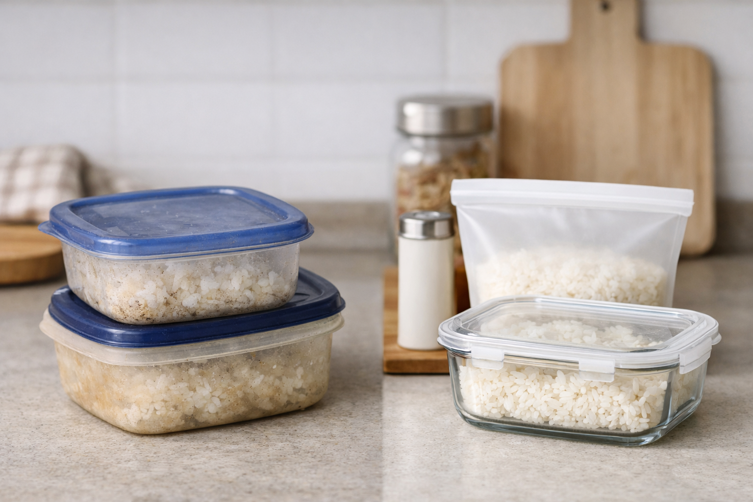 使い古されたプラスチック容器と、新しく導入を検討する保存アイテムの対比