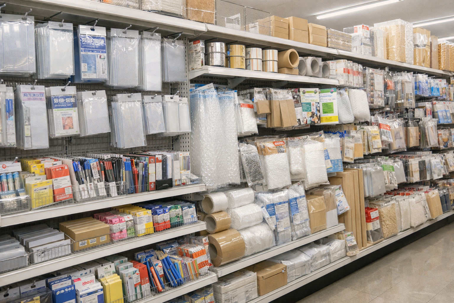 100均の文具コーナーや梱包用品コーナーの棚の様子
