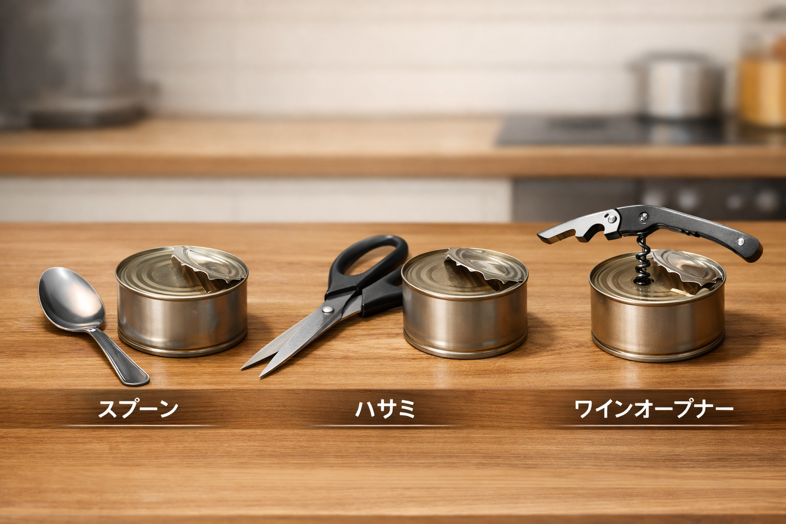 スプーン、ハサミ、ワインオープナーなど、缶詰を開けるために代用できる道具の比較