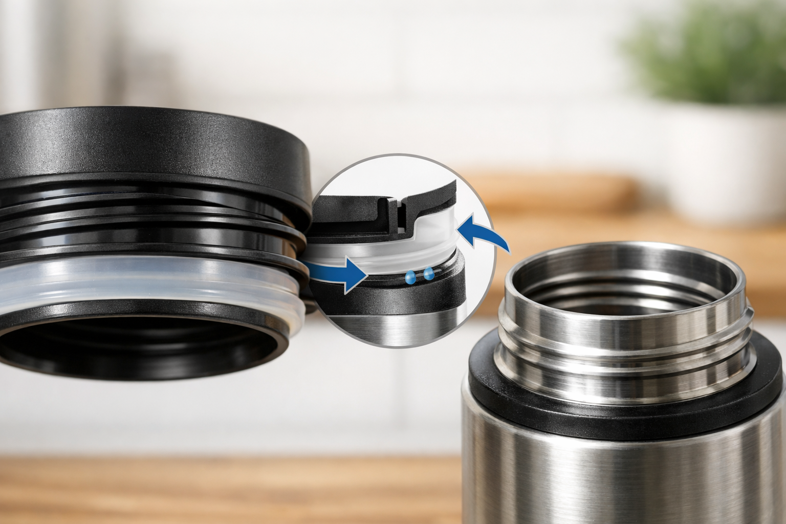 水筒のスクリュー式の蓋とシリコンパッキンを拡大し、密閉性の高さを説明している図解