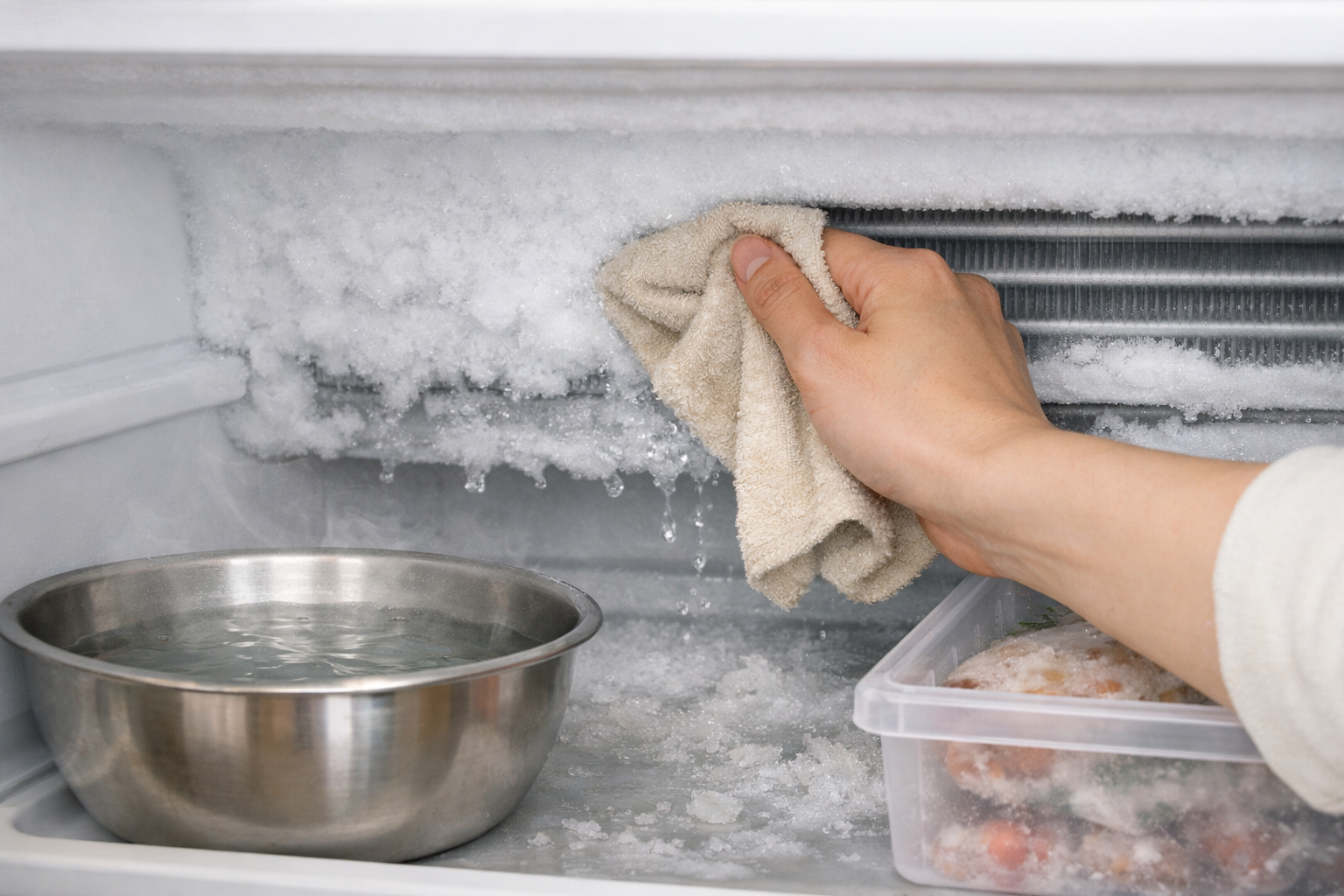 ぬま湯に浸した布を使い、優しく霜を溶かしながら掃除をする様子