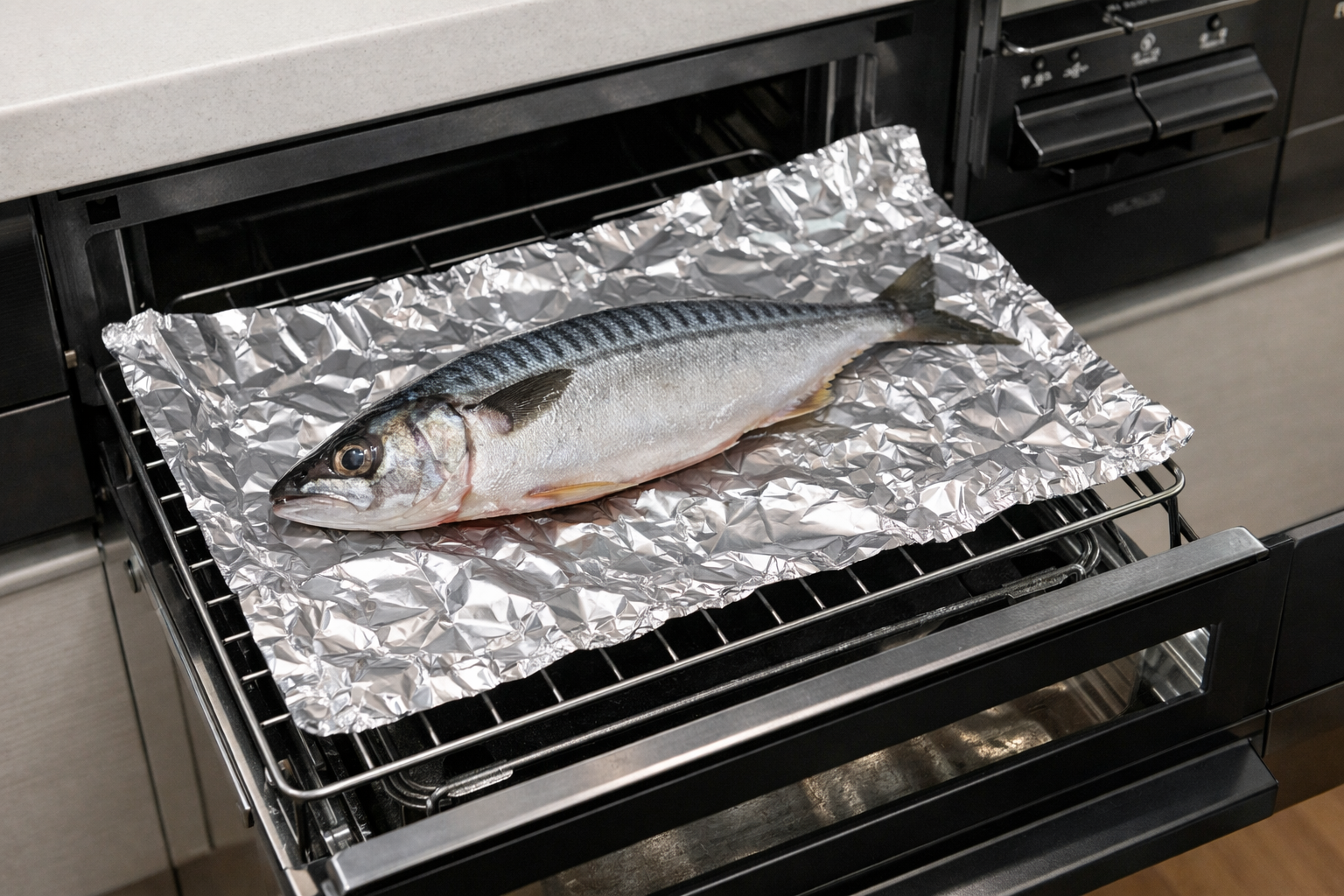 網の上にアルミホイルを敷いて魚を置く手順