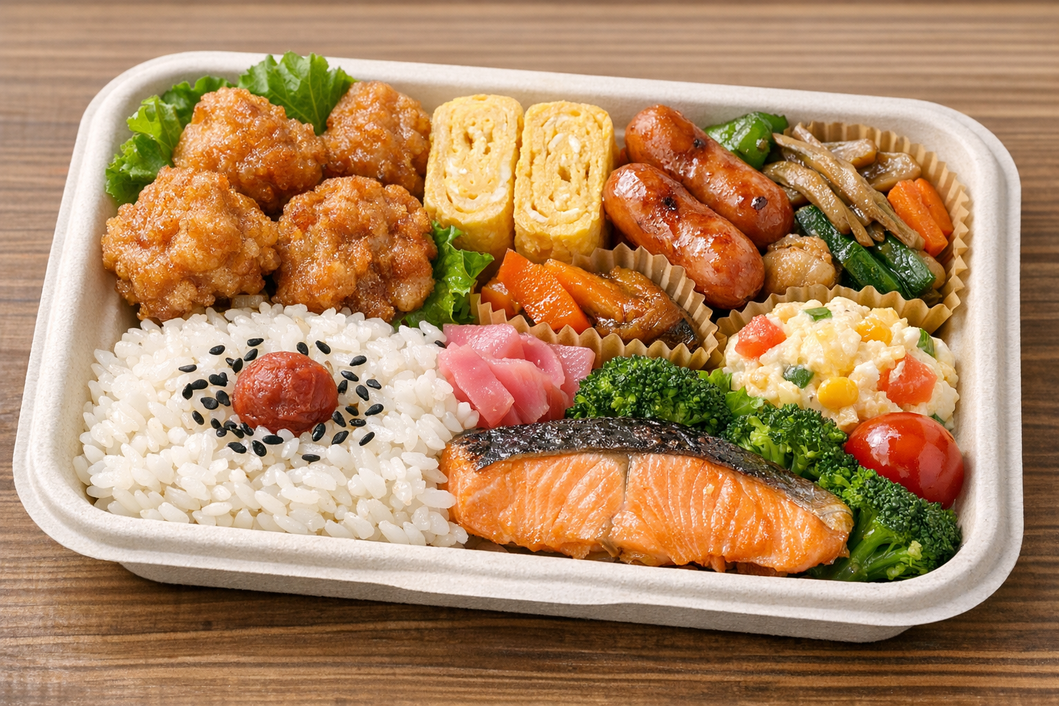 セリアの使い捨て弁当箱に彩りよく、隙間なく詰められたお弁当のアップ写真