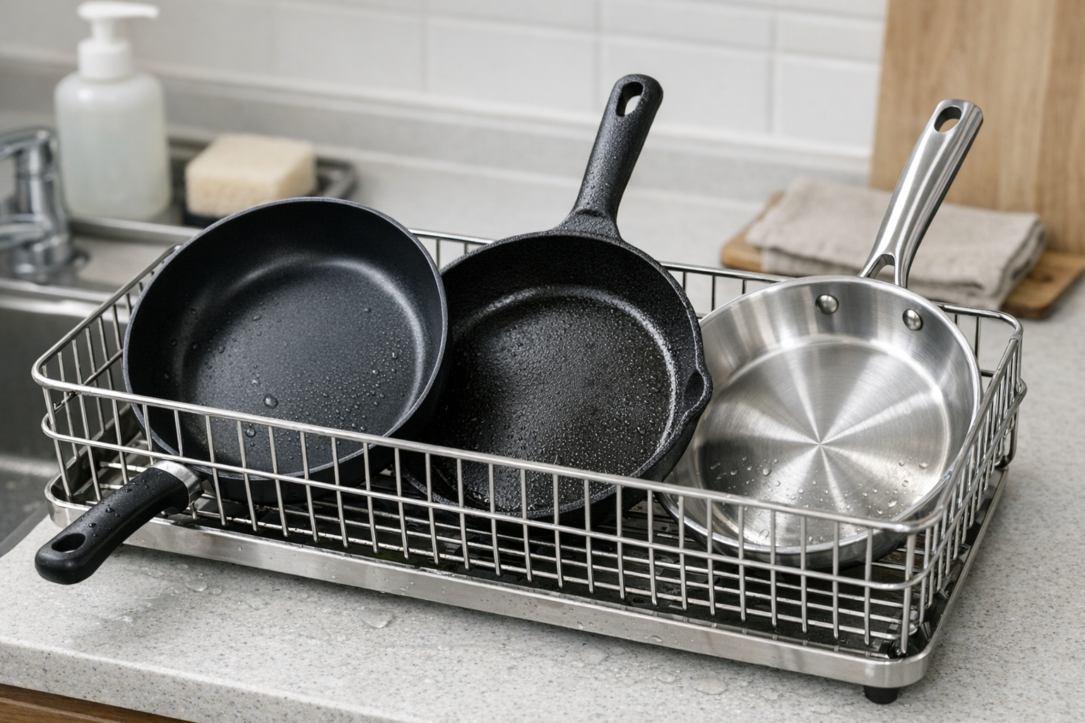 きれいに洗われて水切りカゴに並べられた、フッ素樹脂加工、鉄、ステンレスの様々なフライパン