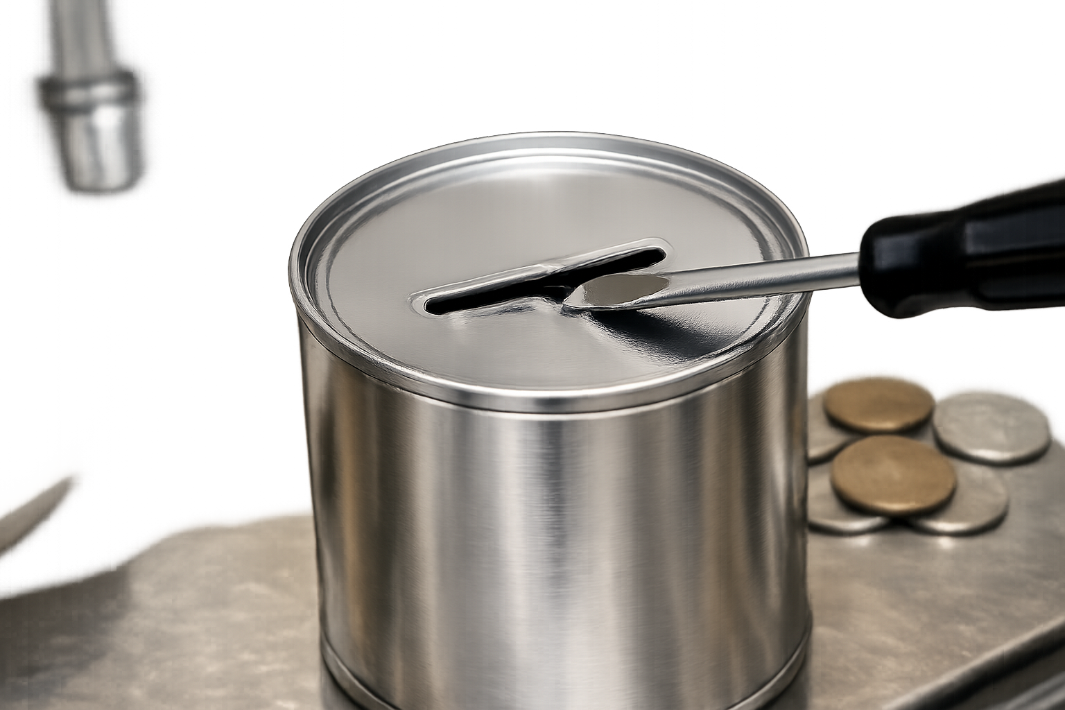 缶タイプの貯金箱の硬貨投入口にマイナスドライバーを差し込んでこじ開けようとしている様子