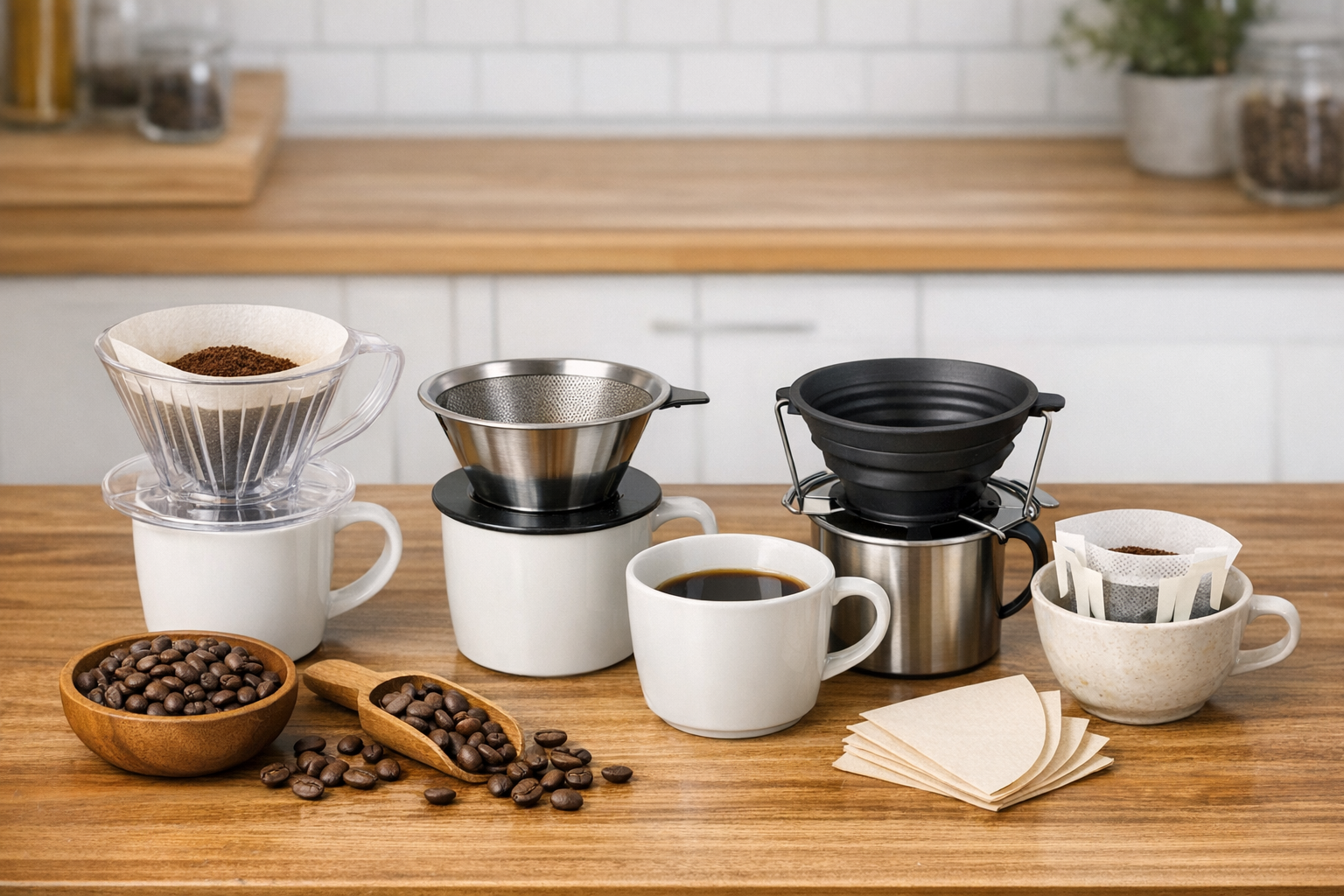 100均で揃えたコーヒードリッパーとカップ、コーヒー豆が並ぶテーブルの風景