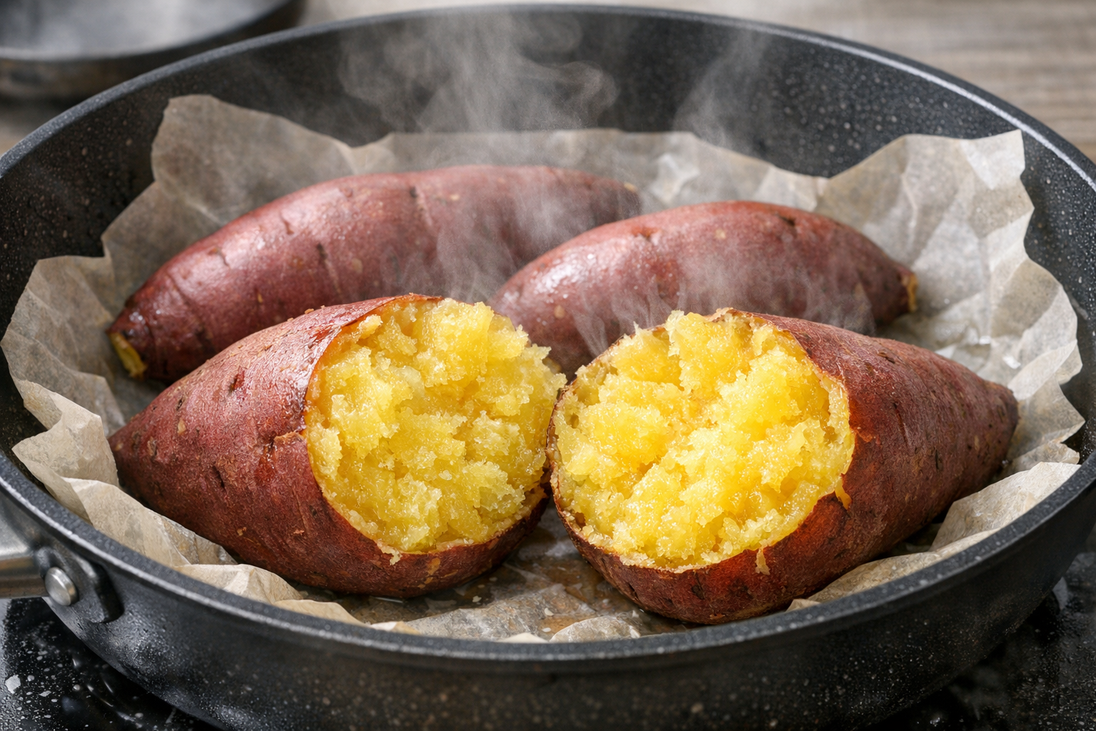 フライパンで蒸されてホクホクになったさつまいもの断面