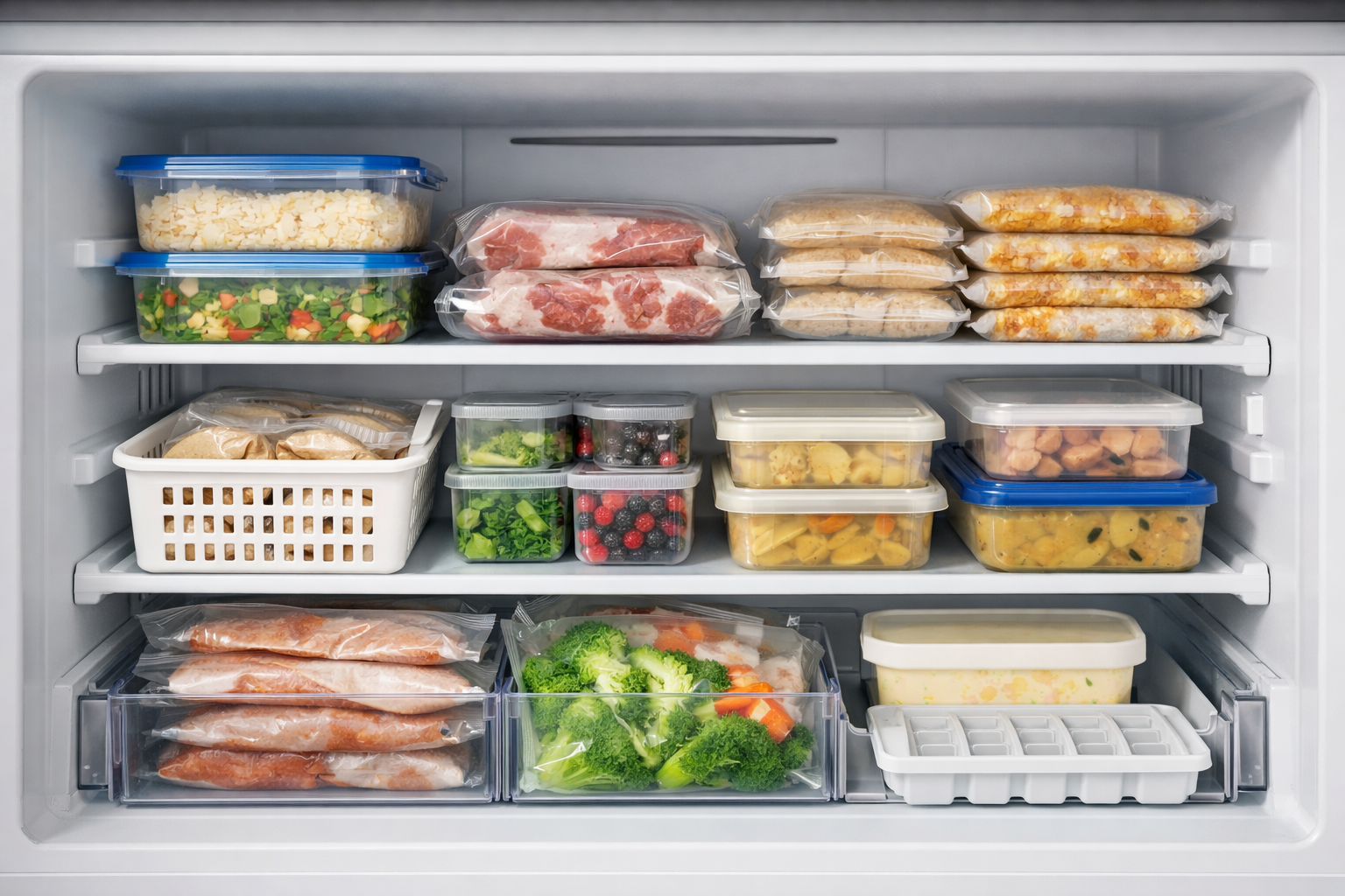 霜がなく、整理整頓された清潔な冷凍庫の様子