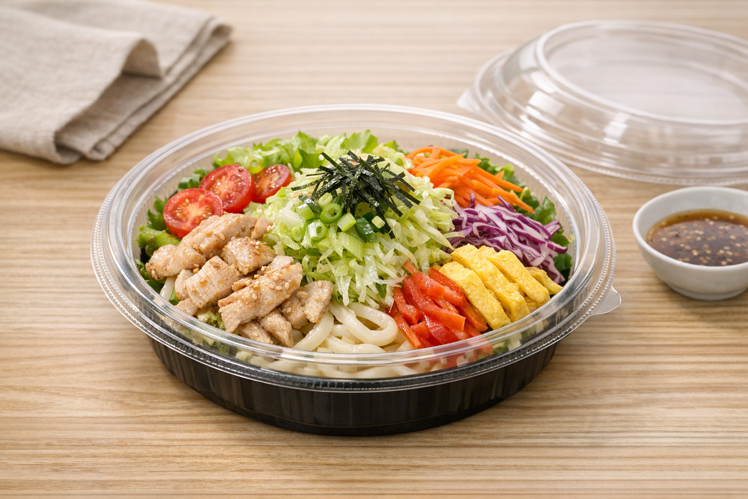 セリアの丸型の深型使い捨て容器にサラダうどんが盛り付けられている様子