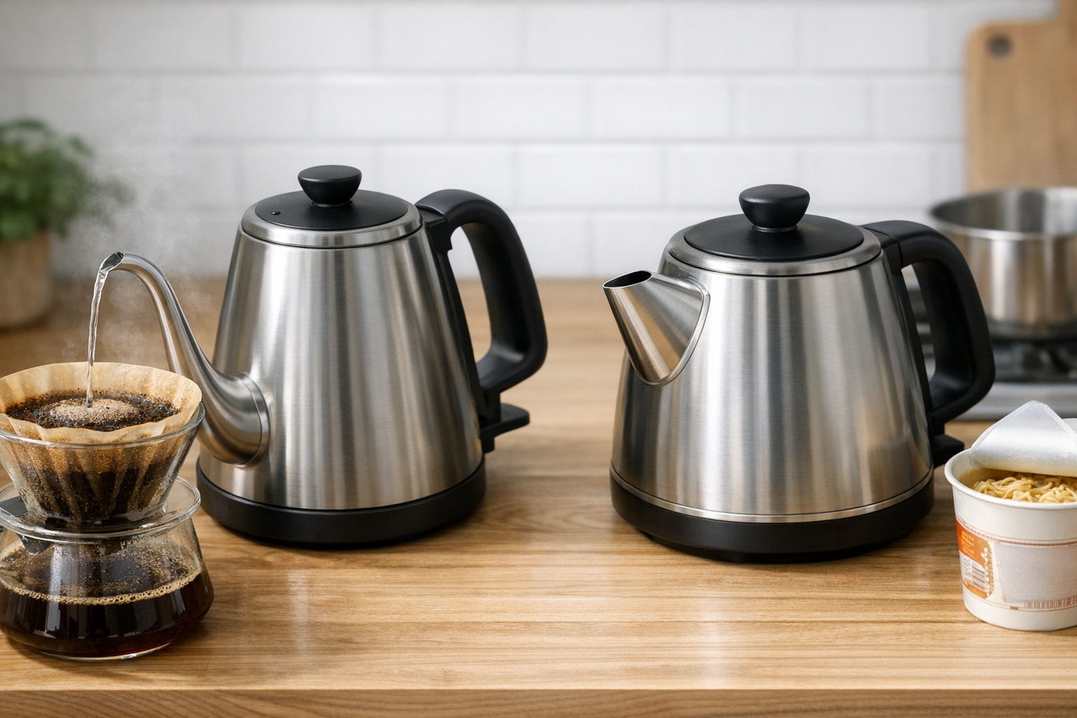 コーヒーを淹れる細口ケトルと、汎用性の高い三角口ケトルの比較イメージ
