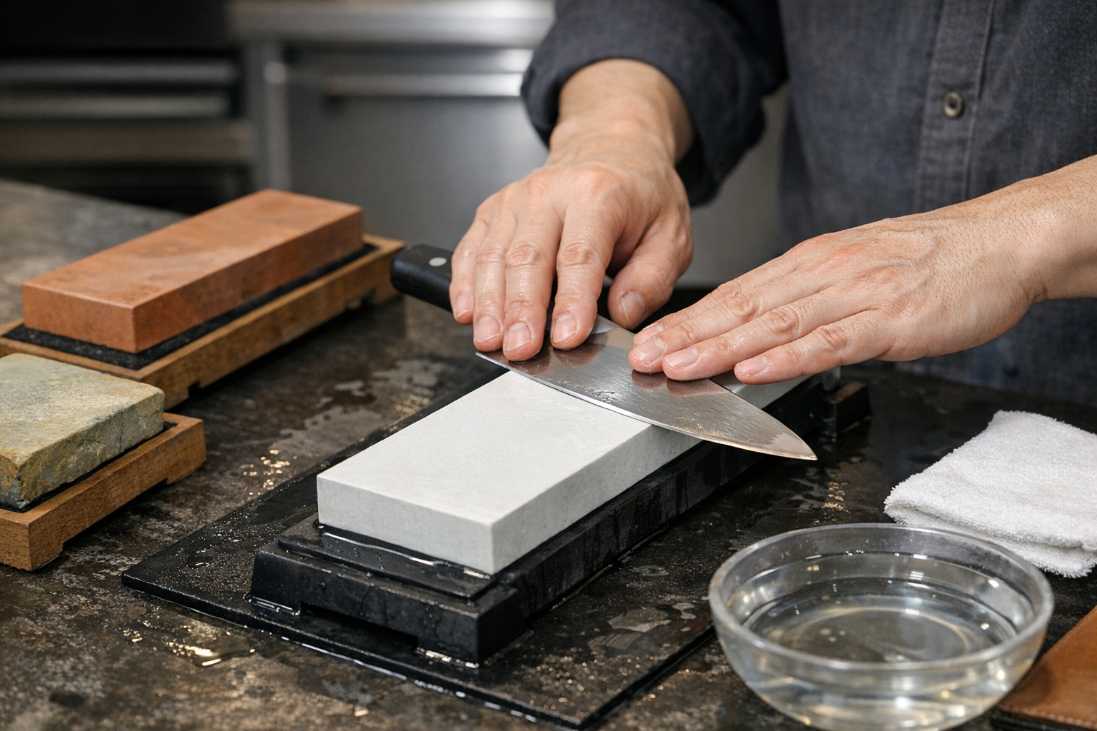 プロが仕上げ砥石で包丁を研ぎ澄ましている様子