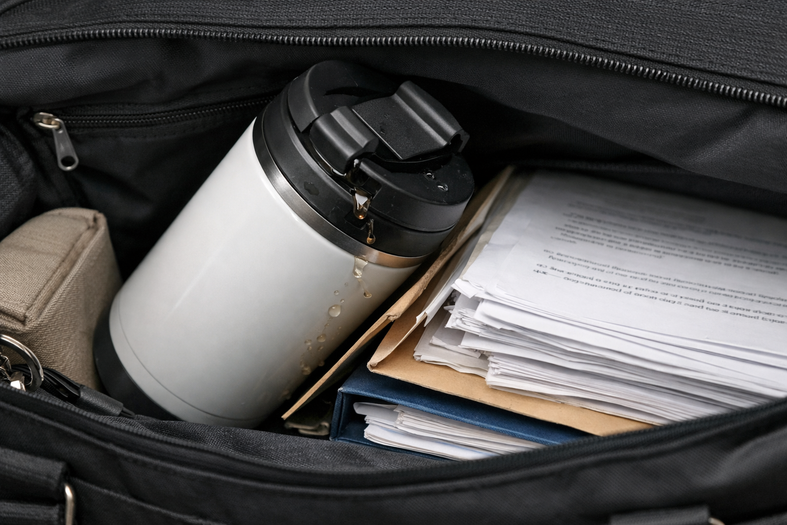 カバンの中に入れたタンブラーが傾き、書類の横で危険な状態になっている注意喚起のイメージ